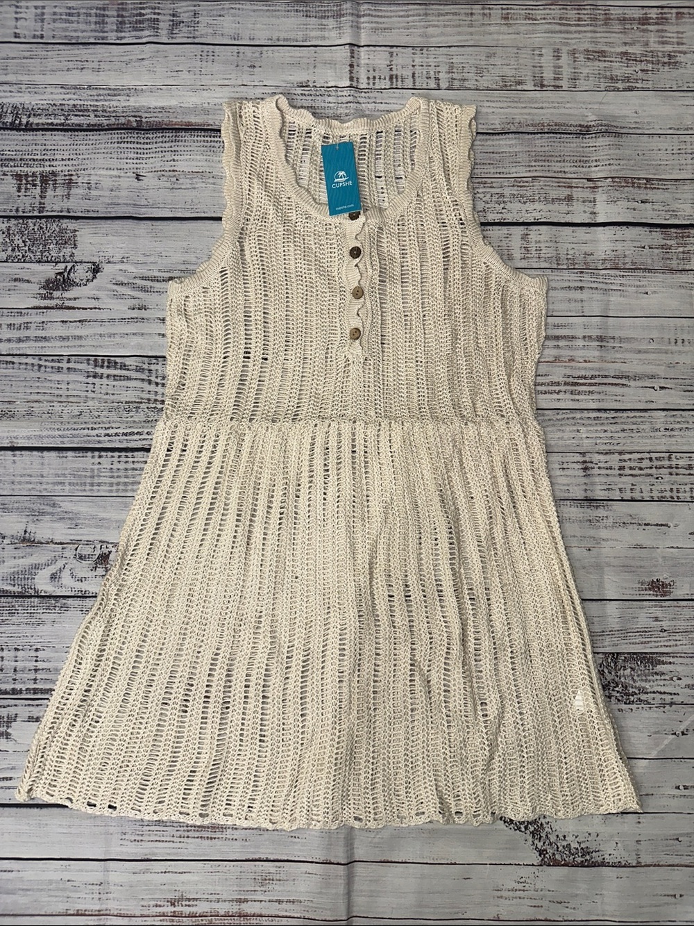 Cupshe Cream Sleeveless Open-Knit Button Front Swim Cover-Up Sz. M